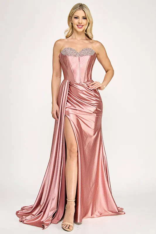 Strapless Corset Gown with Crystal Sweetheart Neckline and High Slit By Lenovia 8402 made by Alberto Nardoni