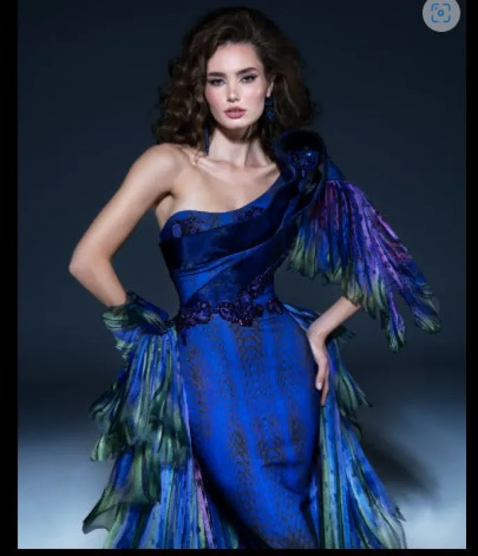 Fouad Sarkis 2783 One-Shoulder Gown with Feather-Inspired Detailing made by MNM Couture