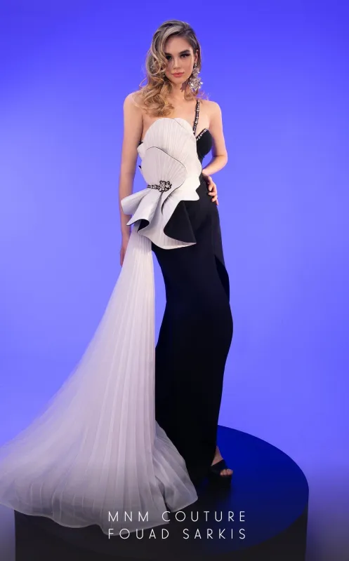 Fouad Sarkis 2796 Asymmetric Gown with Sculptural Detail made by MNM Couture