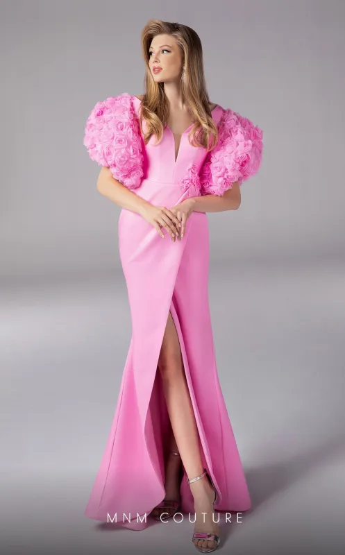 Fouad Sarkis F02824 Floral Sleeve Plunging Gown made by MNM Couture
