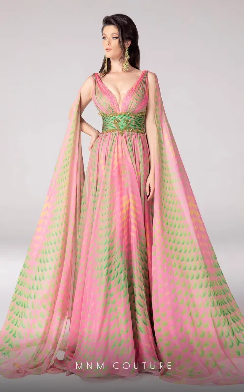 Fouad Sarkis F02828 Plunging Neck Cape Gown made by MNM Couture