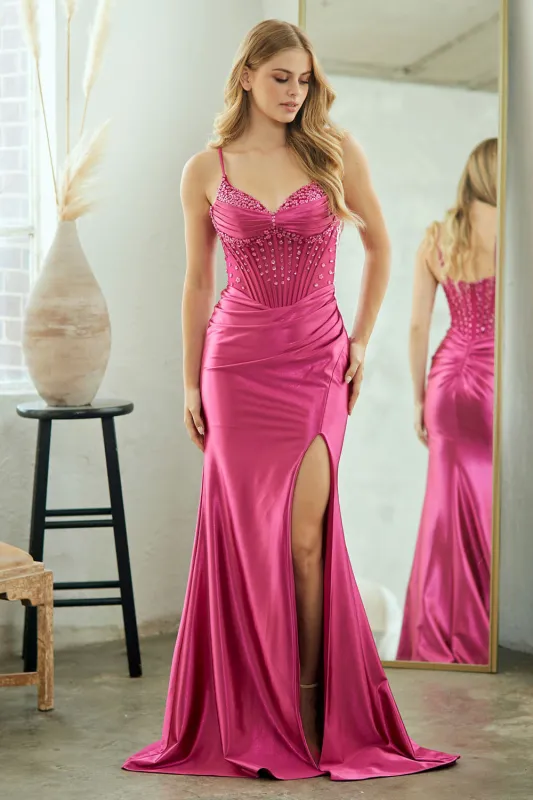 Satin Beaded Corset Evening Gown with Sheer Bodice, Sweetheart Neckline & High Slit By Amelia Couture 9067 made by Alberto Nardoni