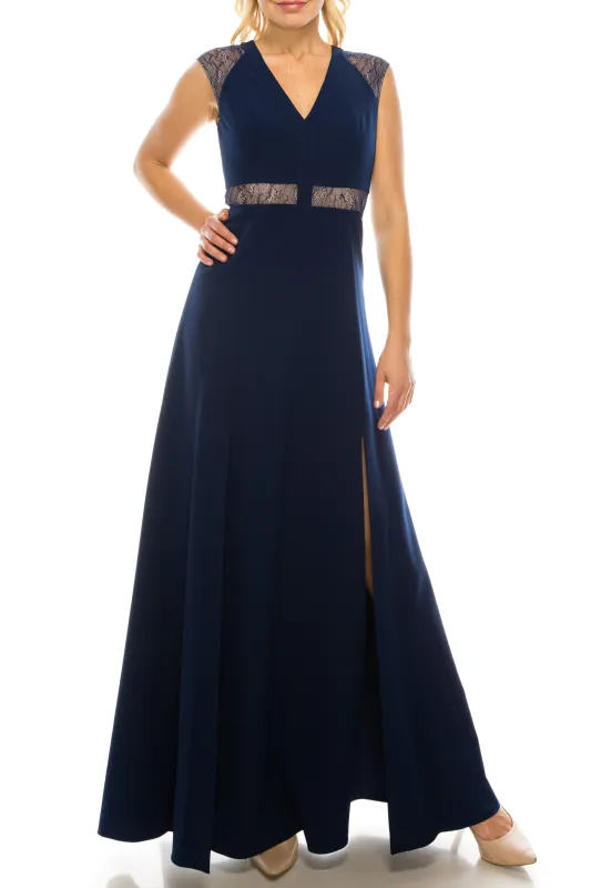 Aidan Mattox MN1E201092 Sleeveless Lace-Detail Evening A-Line Dress with Cap Sleeves and V-Neckline made by Alberto Nardoni