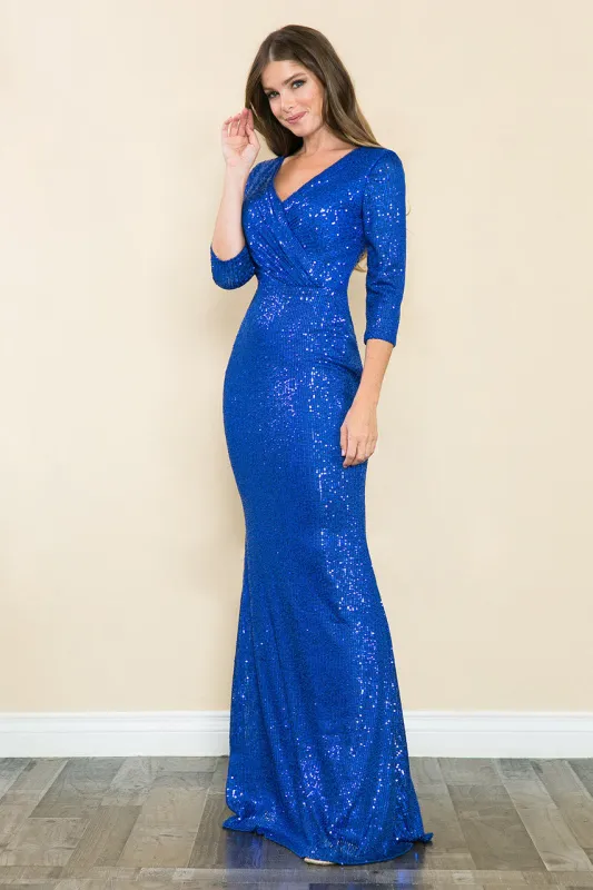 Sequin V-Neck Mermaid Evening Gown with 3/4 Sleeves Formal Dress By Lenovia 8186 made by Alberto Nardoni
