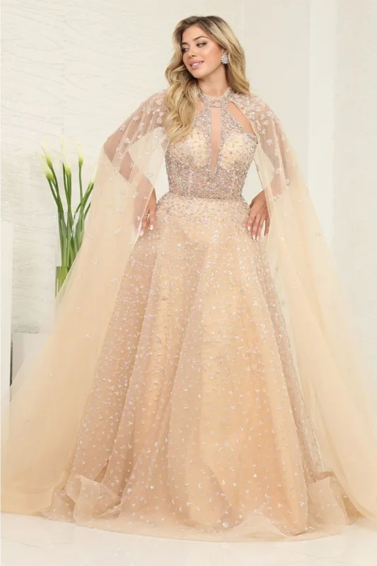 Royal Queen RQ8133 Champagne Beaded Evening Dress with an Elegant Cape made by Alberto Nardoni