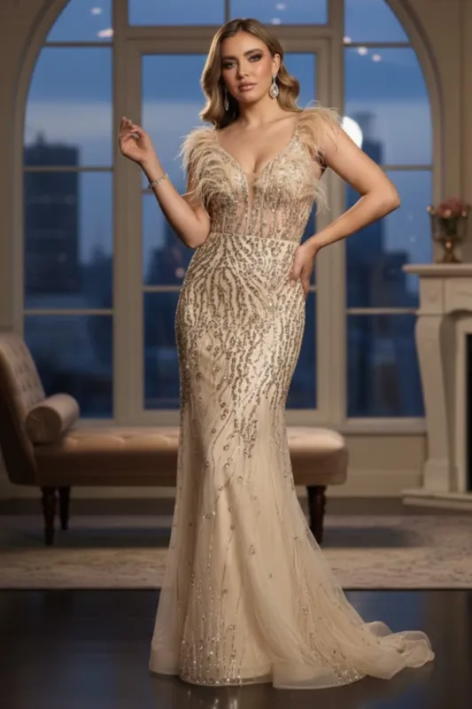 V-Neck Corset Bodice Feather Evening Long Dress made by Alberto Nardoni