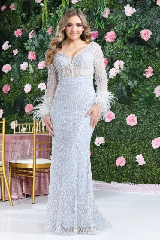 Royal Queen RQ8043 Long Sleeve Sheer V-Back Evening Long Gown made by Alberto Nardoni