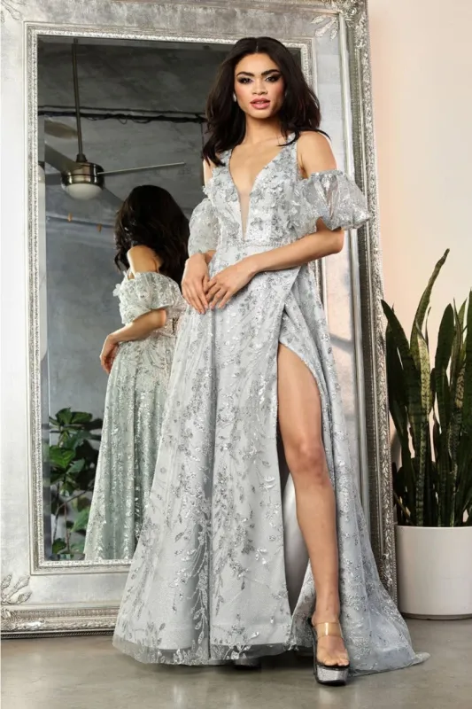 May Queen MQ2038 Floral Applique Glitter High Slit Gala Long Gown made by May Queen