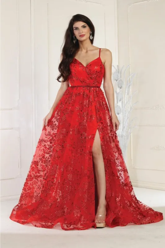 May Queen MQ1787 Glitter V Neck Long Stunning Red Carpet Formal Gown made by May Queen
