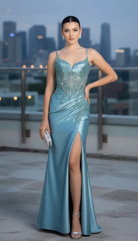 Elegant Embroidered Satin Prom Dress with High Slit & Corset Back By May Queen MQ2183 made by May Queen