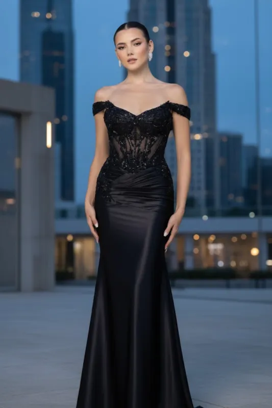 Off-Shoulder Beaded Evening Gown Formal Satin Mermaid Dress By May Queen MQ2180 made by May Queen