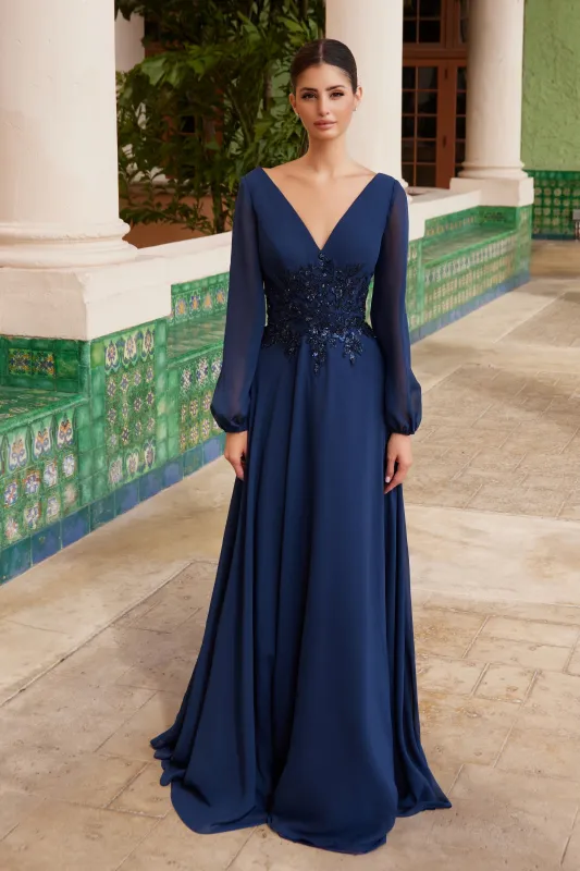 Nox Anabel ME128 Flowing Chiffon Gown with Long Sleeves made by Alberto Nardoni
