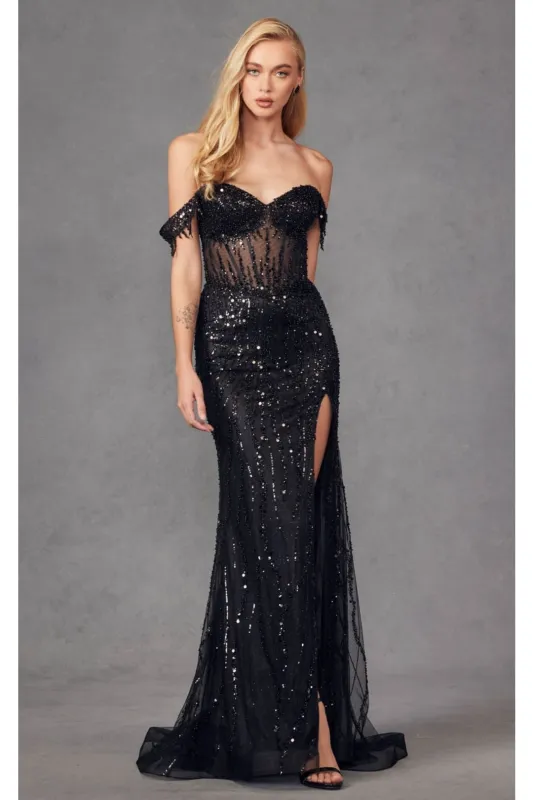 Beaded Fringe Sleeve Prom Gown by Juliet JT2471L made by Alberto Nardoni
