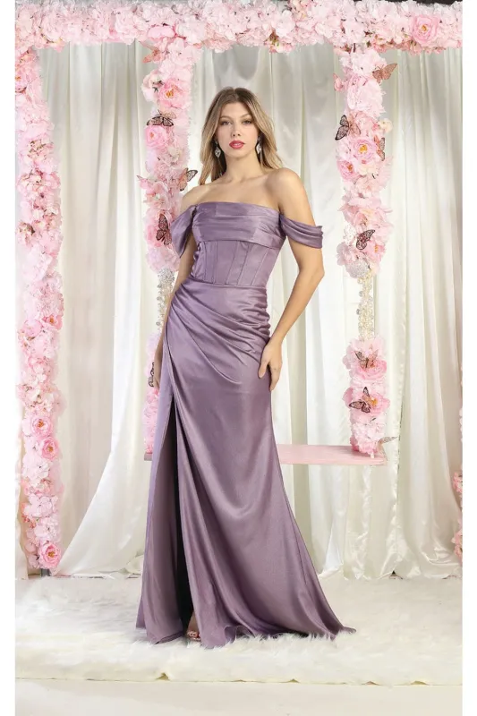 May Queen MQ1998 Corset Bone Ruched Bridesmaids Off Shoulder Dress made by May Queen