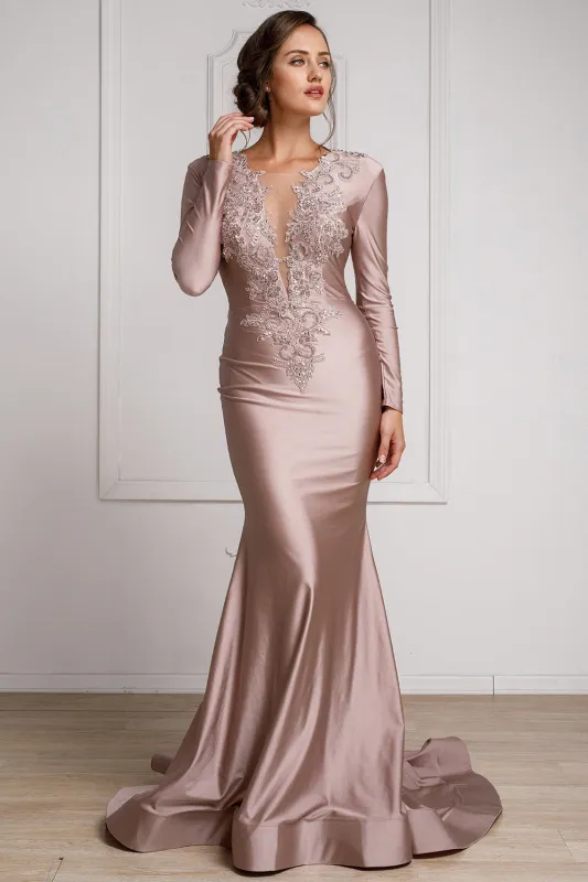 Elegant Long Sleeve Fitted Evening Gown with Deep V-Neck & Embroidered Appliqué By Amelia Couture 382 made by Alberto Nardoni