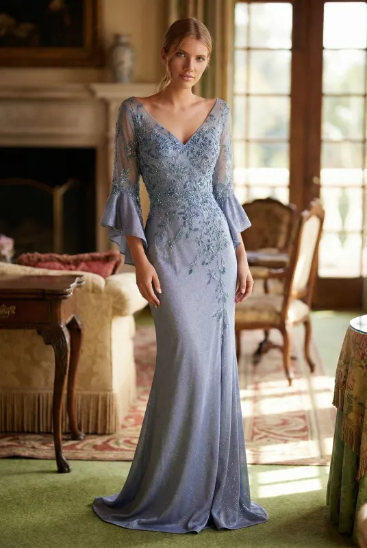 Nox Anabel MD129 Elegant Mother of Bride Dress Appliqué Bell Sleeve Slit Evening Gown made by Alberto Nardoni