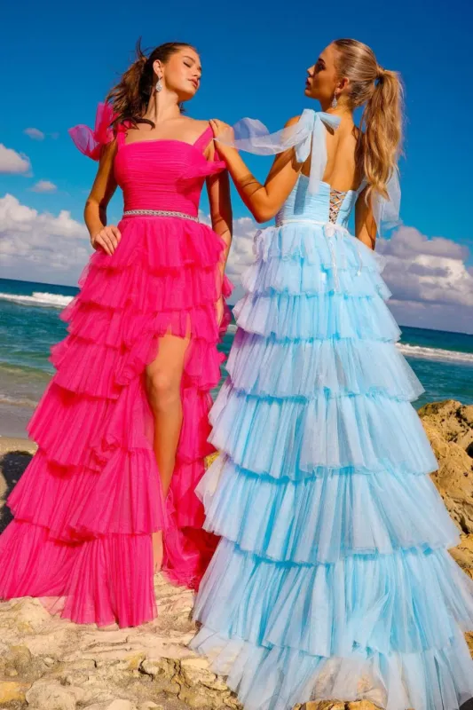 Amelia Couture 6125 Lace Up Back Tiered Ruffled A-line Evening Gown made by Alberto Nardoni