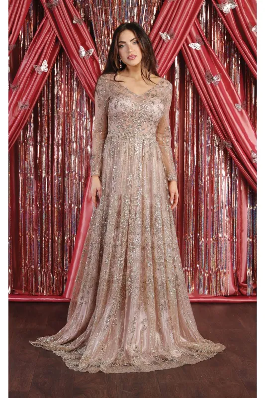 Glitter Floor Sweeping Prom Dress Long Sleeve V-neck Evening Gown made by Alberto Nardoni