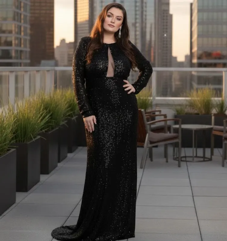 Long Sleeve Stretchy Red Carpet Sequin Formal Dress made by Alberto Nardoni