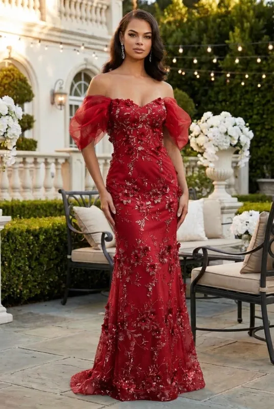 Off Soulder 3D Floral Applique Red Carpet Dress-New Collection made by Alberto Nardoni