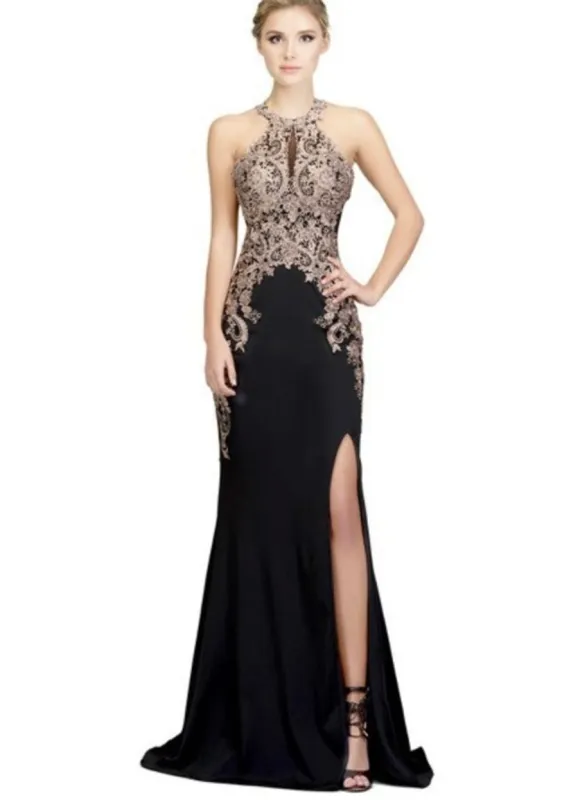 Chicas C1541 Prom Black Halter Floor-Length Open-Back Lace Dress made by Alberto Nardoni