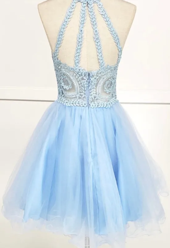 Chicas DM4002 Elegant Formal Halter Short Appliqué Style Tulle Dress made by Alberto Nardoni