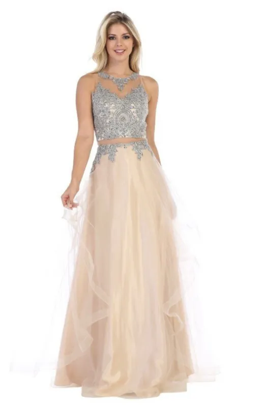 Chicas DR7004 Evening Silver A-Line Illusion Floor-Length Tulle Dress made by Alberto Nardoni