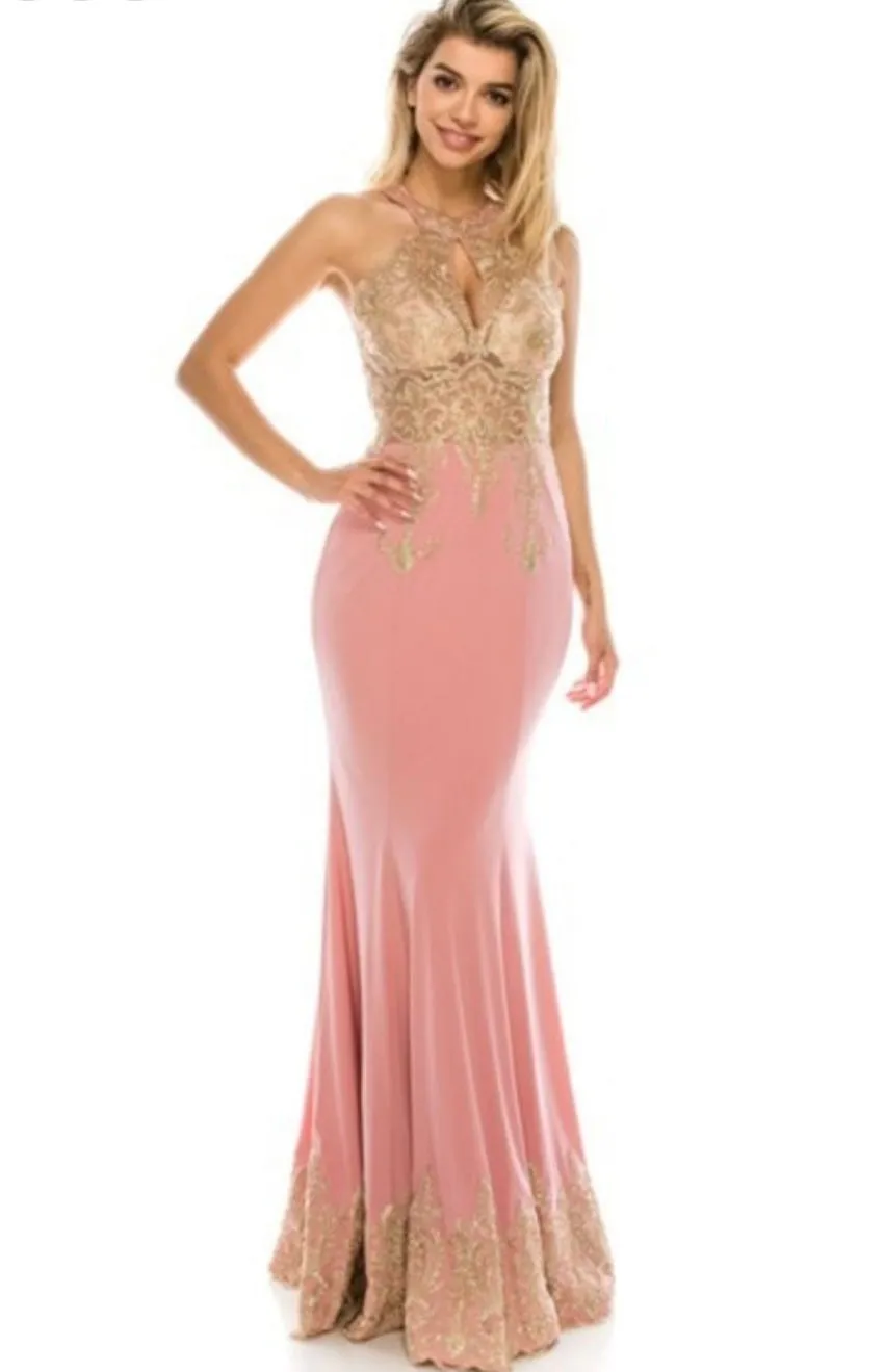Chicas C9157 Evening Gold Mermaid Halter Floor-Length Fabric Dress sold by Alberto Nardoni