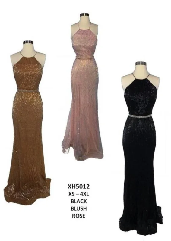Chicas XH5012 Elegant Prom Black Halter Floor-Length Open-Back Fabric Dress made by Alberto Nardoni