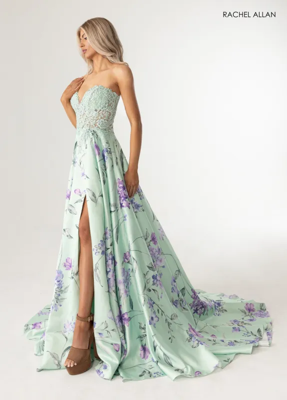 Print Strapless A-line Slit Gown by Rachel Allan 71031 made by Rachel Allan