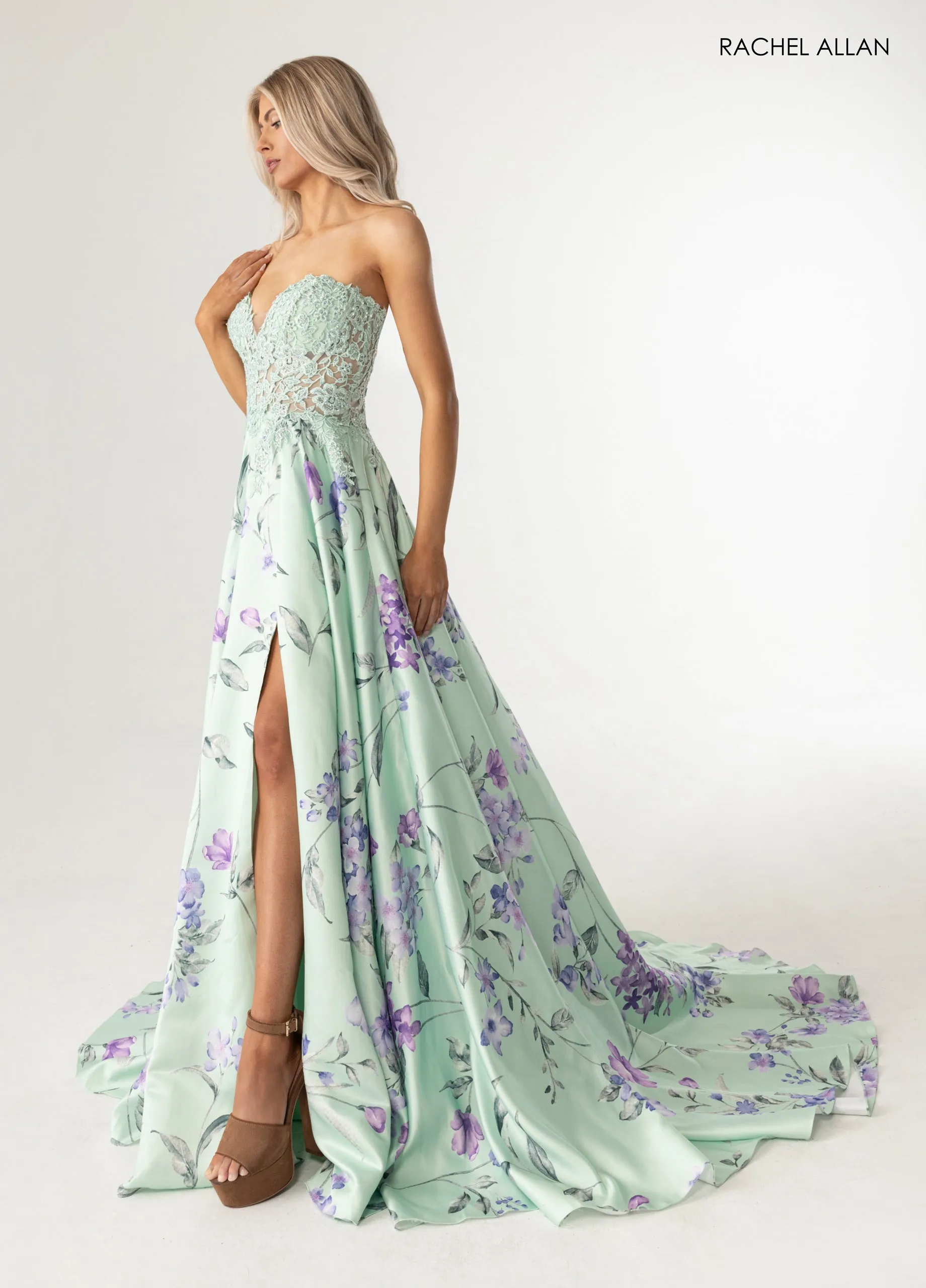 Print Strapless A-line Slit Gown by Rachel Allan 71031 sold by Alberto Nardoni