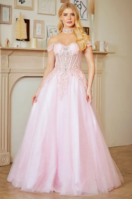 Off Shoulder A-Line Gown with Corset Bodice Glitter Tulle Skirt by Amelia Couture 8064 made by Alberto Nardoni