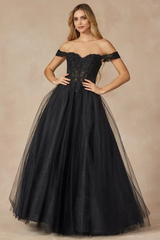 Juliet 280 Embroidered Illusion Bodice Glitter Tulle Off Shoulder Dress made by Alberto Nardoni