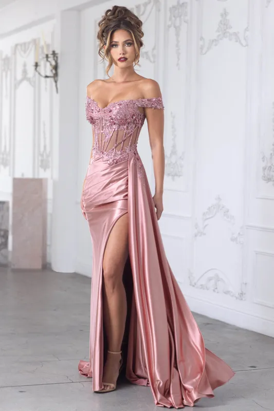 Off Shoulder Satin Evening Gown with Lace Corset Bodice High Slit & Lace-Up Back by Lenovia 8360 made by Alberto Nardoni