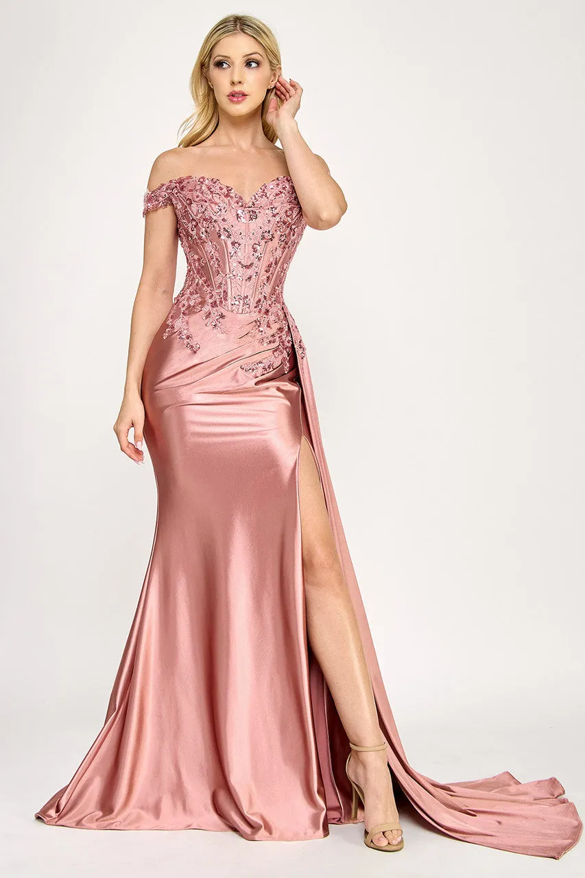 Lenovia 8397 Off Shoulder Sateen Dress with Applique and Slit sold by Alberto Nardoni product image thumbnail 4