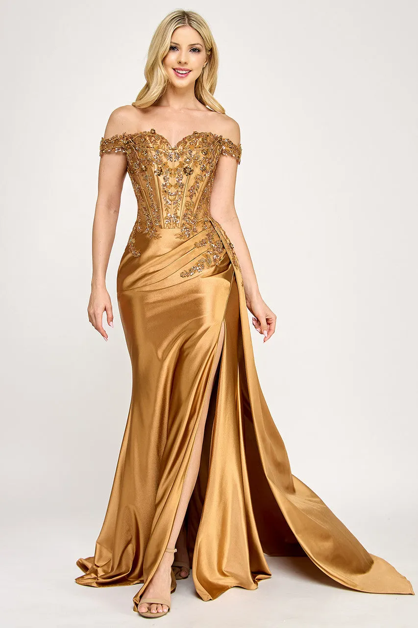 Lenovia 8397 Off Shoulder Sateen Dress with Applique and Slit sold by Alberto Nardoni