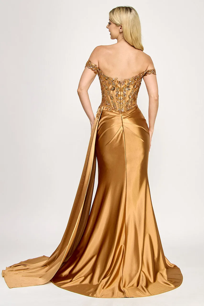 Lenovia 8397 Off Shoulder Sateen Dress with Applique and Slit sold by Alberto Nardoni product image thumbnail 2