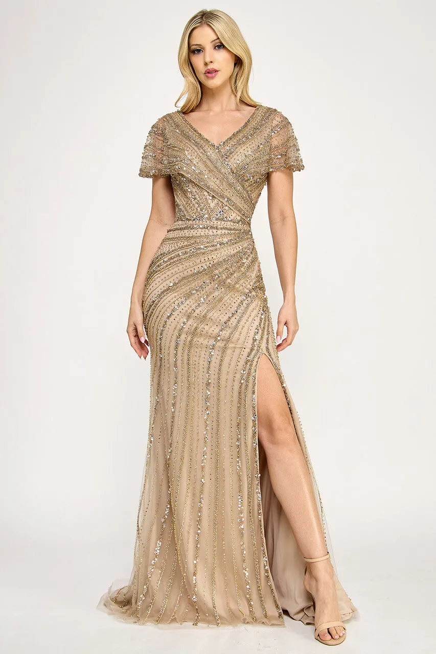 Lenovia 8371 Beaded Mesh Short Sleeve Formal Dress with Slit sold by Alberto Nardoni
