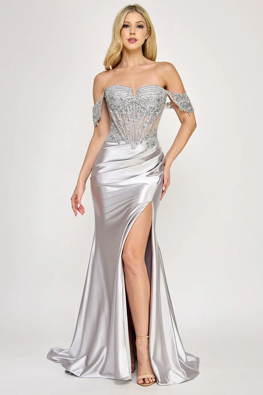 Lenovia 8398 Beaded Sateen Off Shoulder Slit Formal Dress sold by Alberto Nardoni product image thumbnail 4