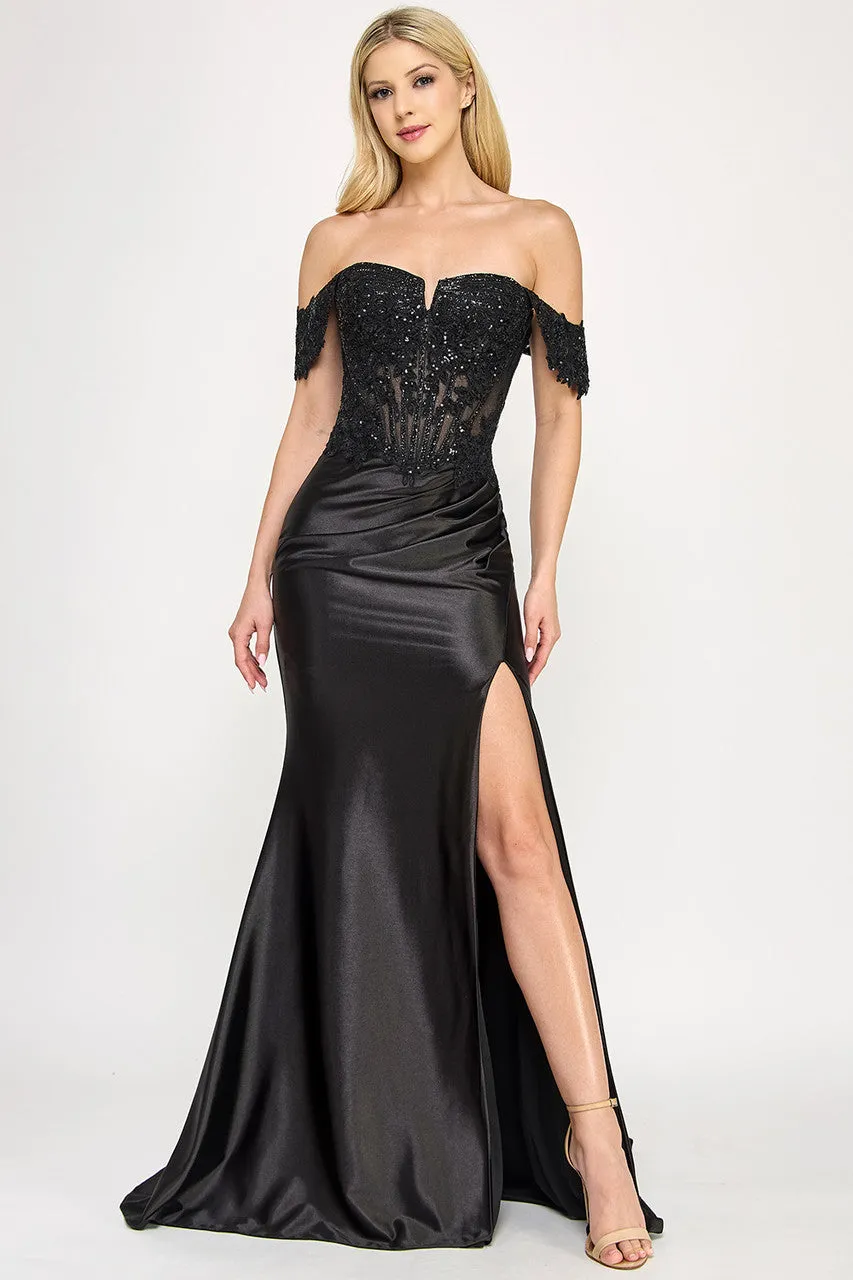 Lenovia 8398 Beaded Sateen Off Shoulder Slit Formal Dress sold by Alberto Nardoni product image thumbnail 3