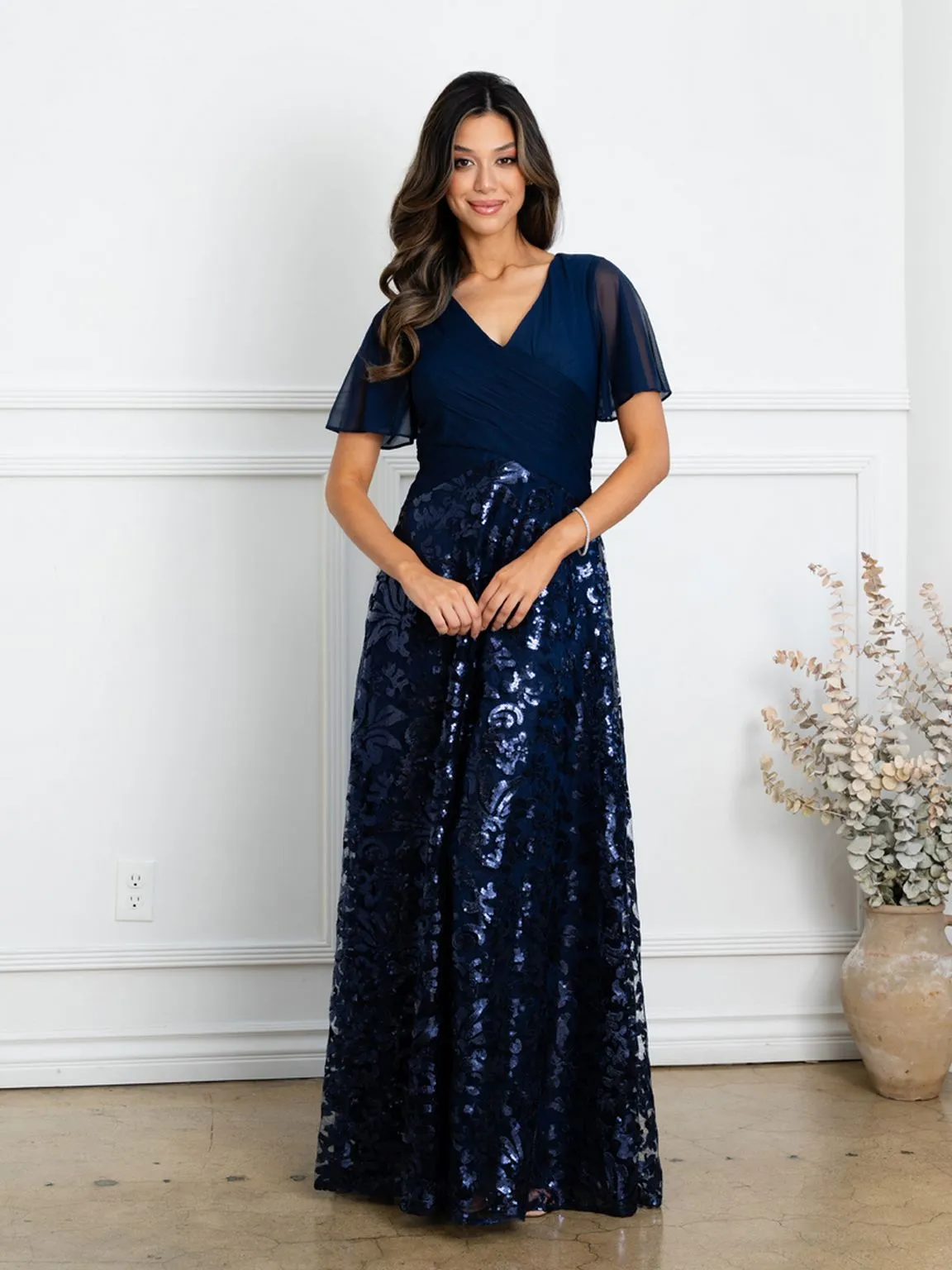 Eva USA EV3519 Full-Length Sequin Lace Dress with Structured Lining sold by Alberto Nardoni