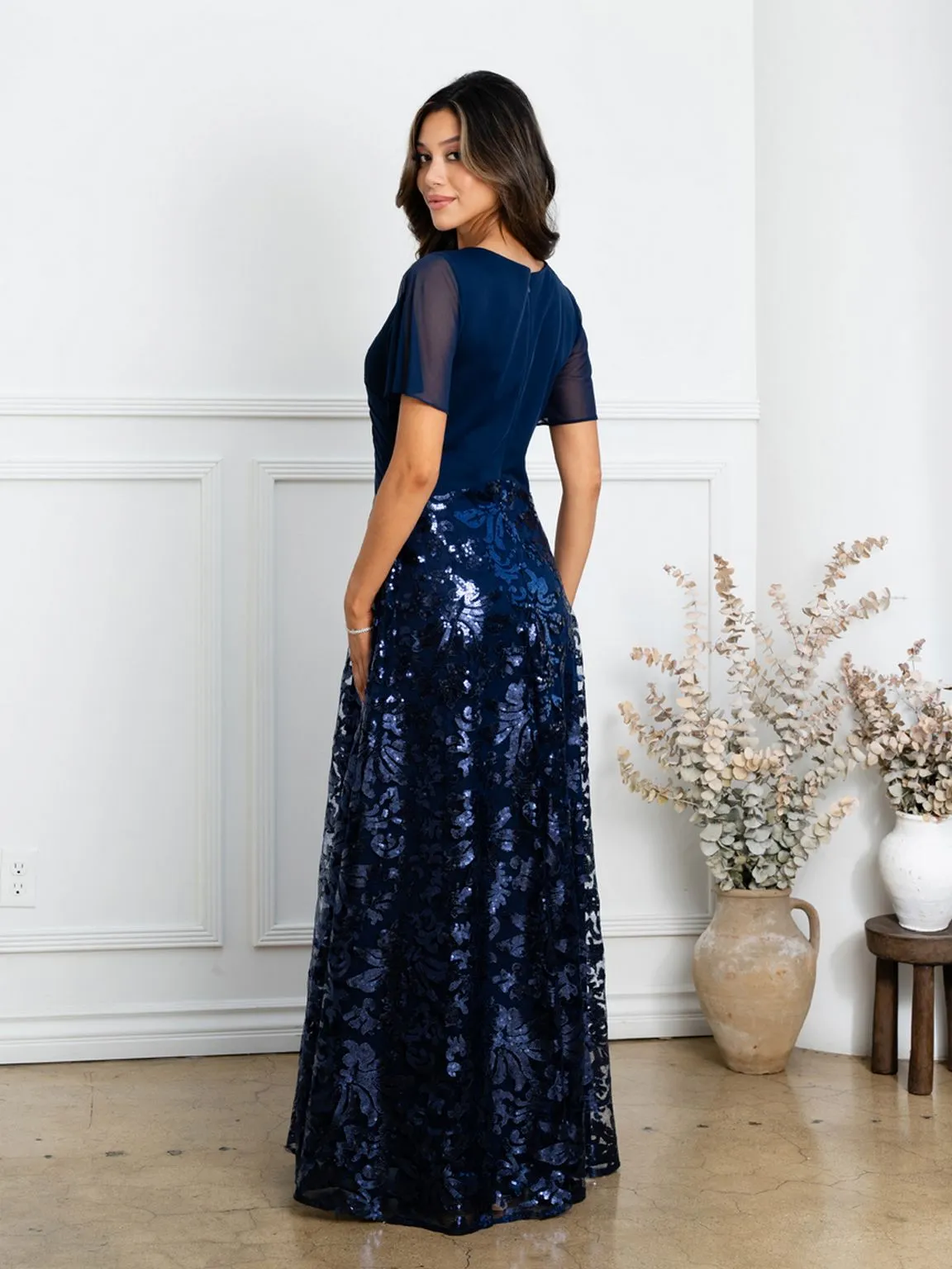 Eva USA EV3519 Full-Length Sequin Lace Dress with Structured Lining sold by Alberto Nardoni product image thumbnail 2