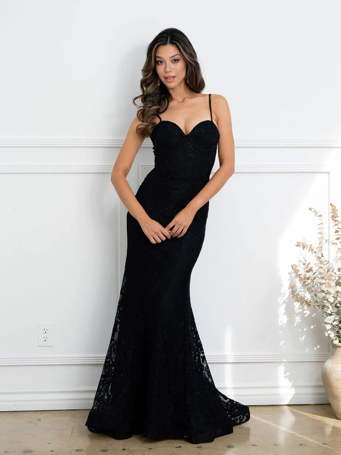 Eva USA EV5277 Structured Corset Lace Overlay Evening Dress sold by Alberto Nardoni