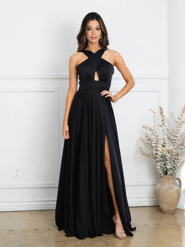Eva USA EV3512 Dramatic Slit A-Line Satin Dress made by Alberto Nardoni