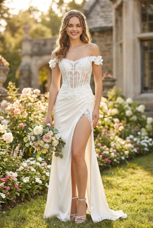 Adora Design 3199 Off Shoulder Satin Long Slit Bridal Wedding Dress made by Alberto Nardoni