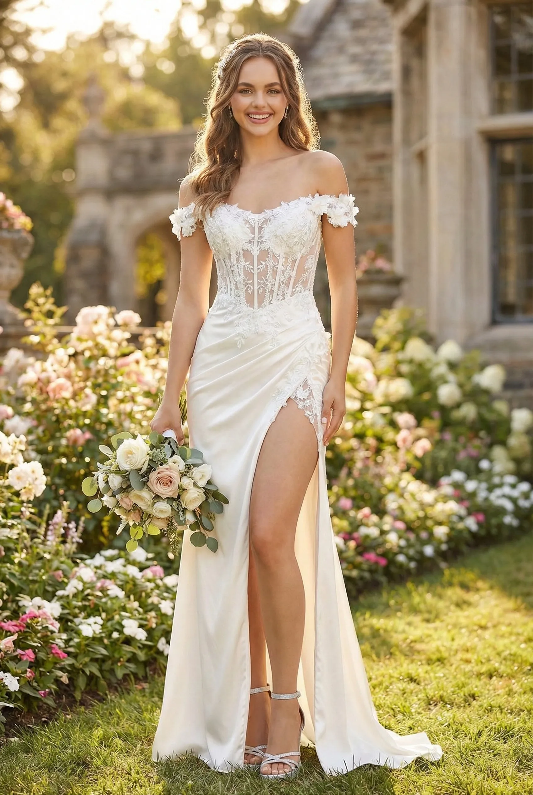 Adora Design 3199 Off Shoulder Satin Long Slit Bridal Wedding Dress sold by Alberto Nardoni