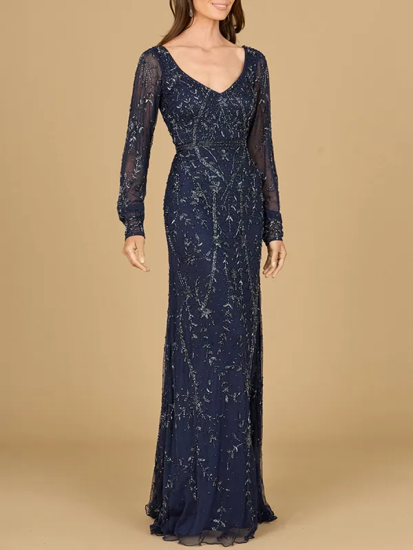 V-Neck Beaded Gown with Sleeves made by Alberto Nardoni