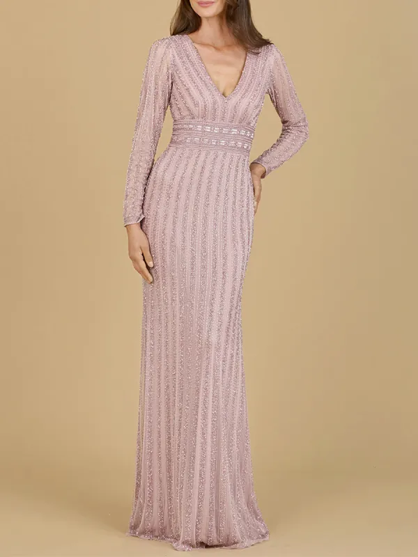Long Sleeve V-Neck Beaded Gown made by Alberto Nardoni