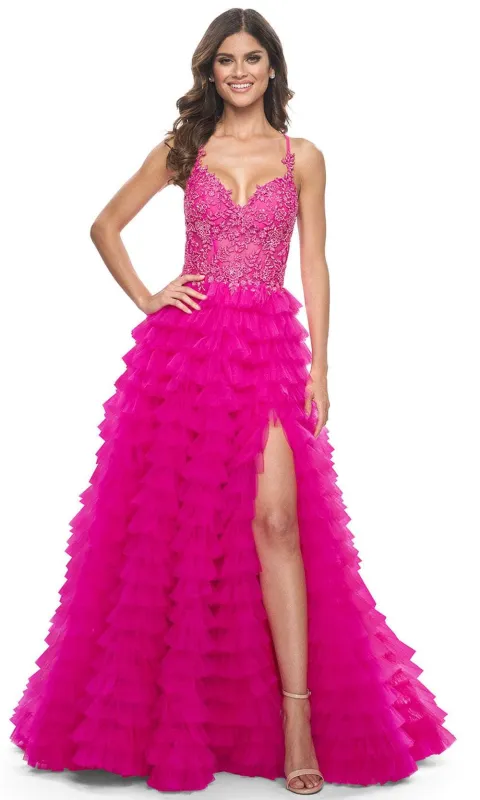 La Femme 32334 Lace Applique Ruffled A-Line Prom Gown made by La Femme