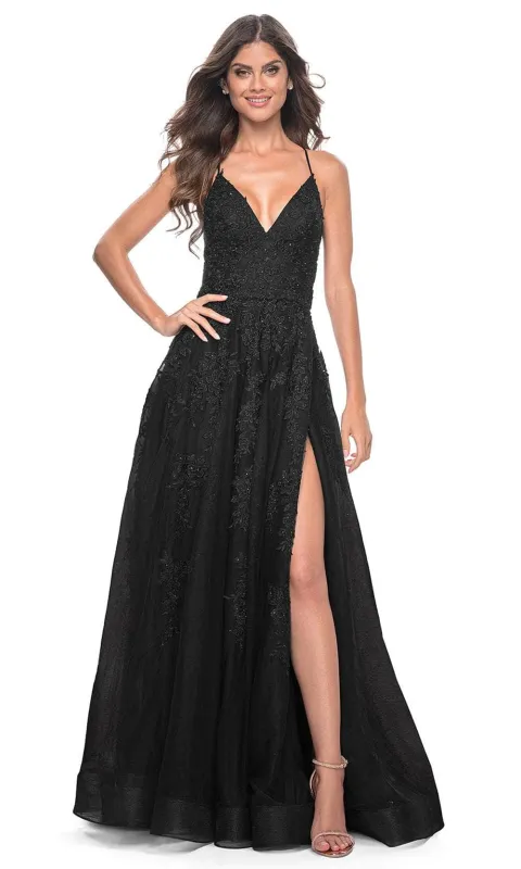 La Femme 32303 V Neck Embroidered Tulle Prom Gown made by La Femme